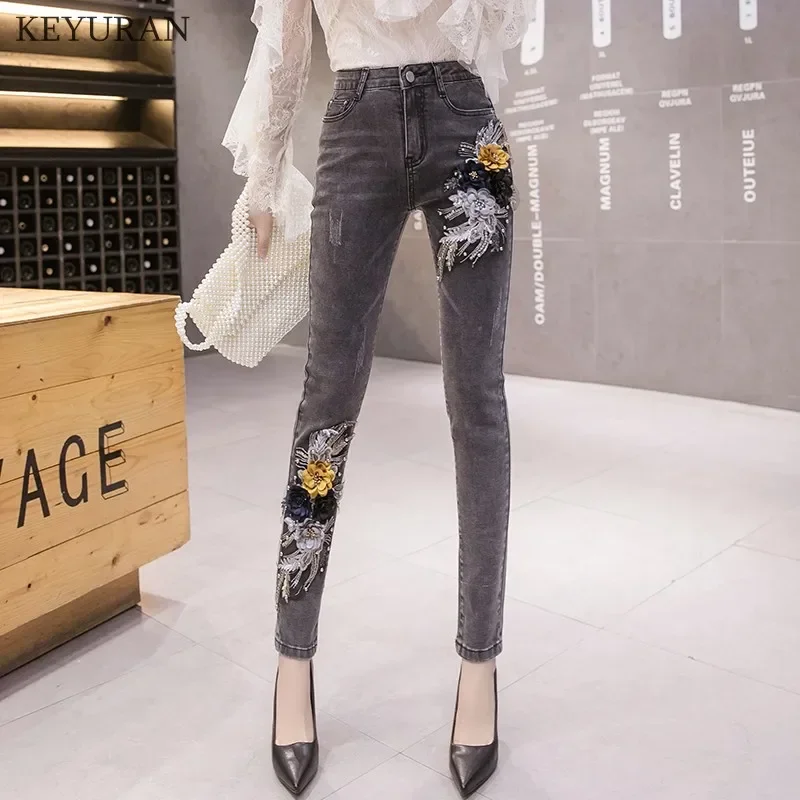 Women 3D Floral Applique Jeans 2024 Flower Embroidery Beading Long Trousers High Waist Elastic Pencil Denim Pants Ladies Balck