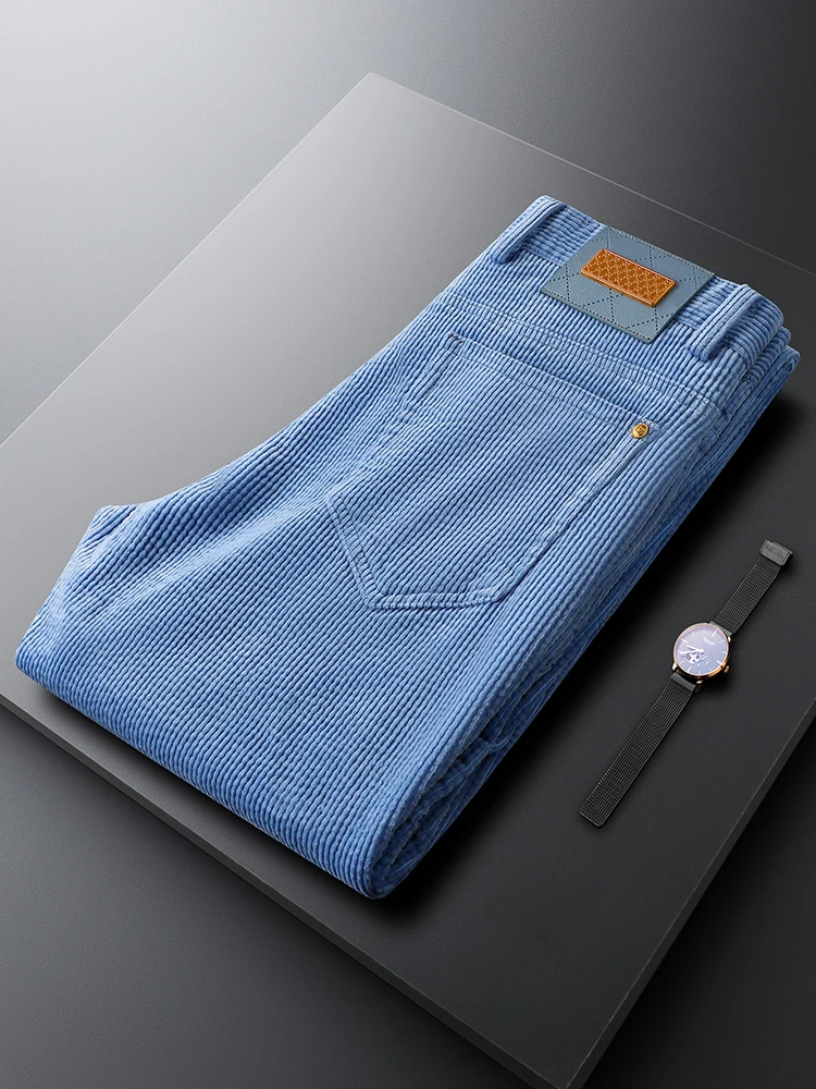 

Autumn Winter Light Blue Corduroy Men's Pants Thiened Slim Fit Straight Leg Casual Trousers Faionable Urban Sle