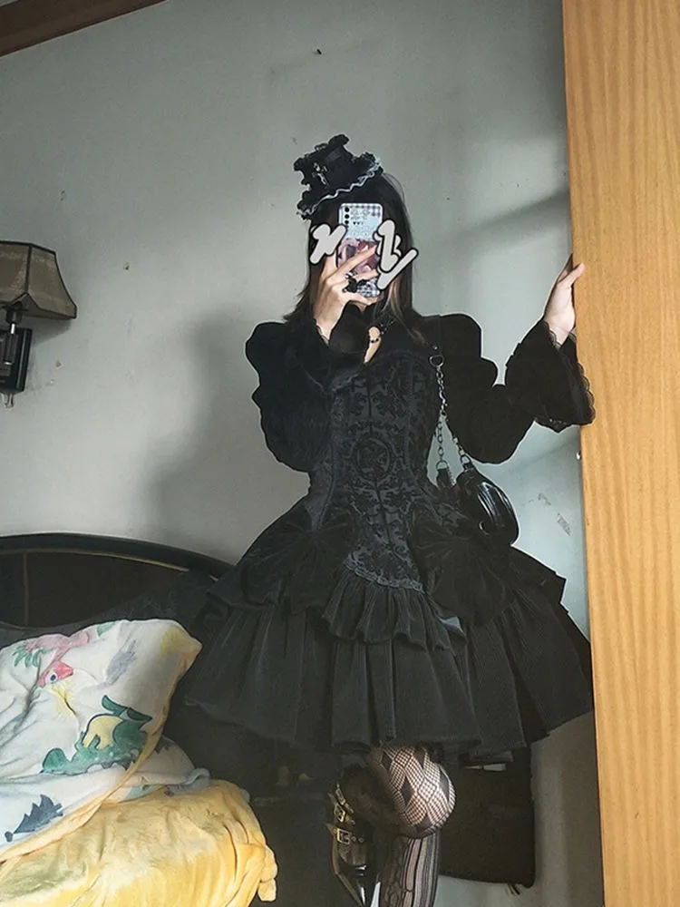

Y2k Dark Gothic Black Lolita Dress for Women 2025 Slim Waist Vestido Feminino Winter New Chinese Style Women's Dresses Mujer