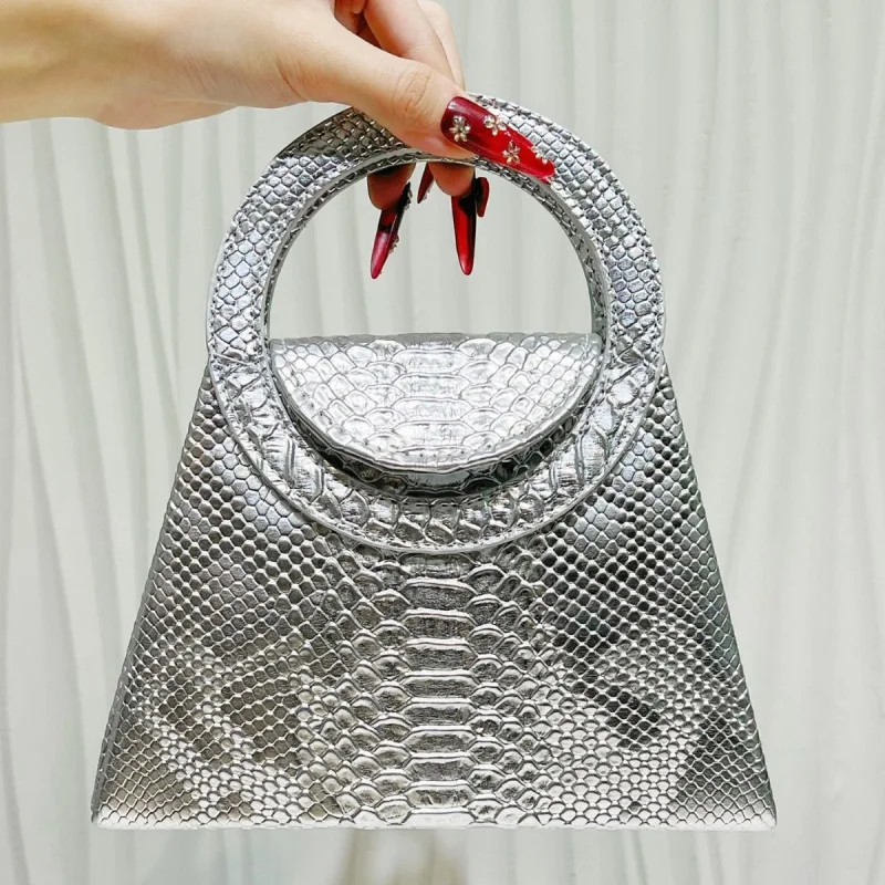 Women Metallic Silver PU Handbag Fashion Snake Pattern Top Ring Handle Evening Bag Cocktail Prom Night Party Bolsas De Mujer
