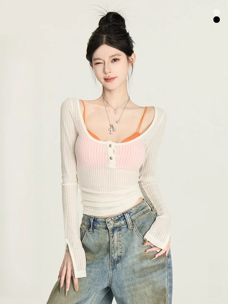 

Soft Touch Henry Collar Vertical Stripes Base irt Women's Faion Korean Sle Slim Fit T-irt Spring Season Long Sve