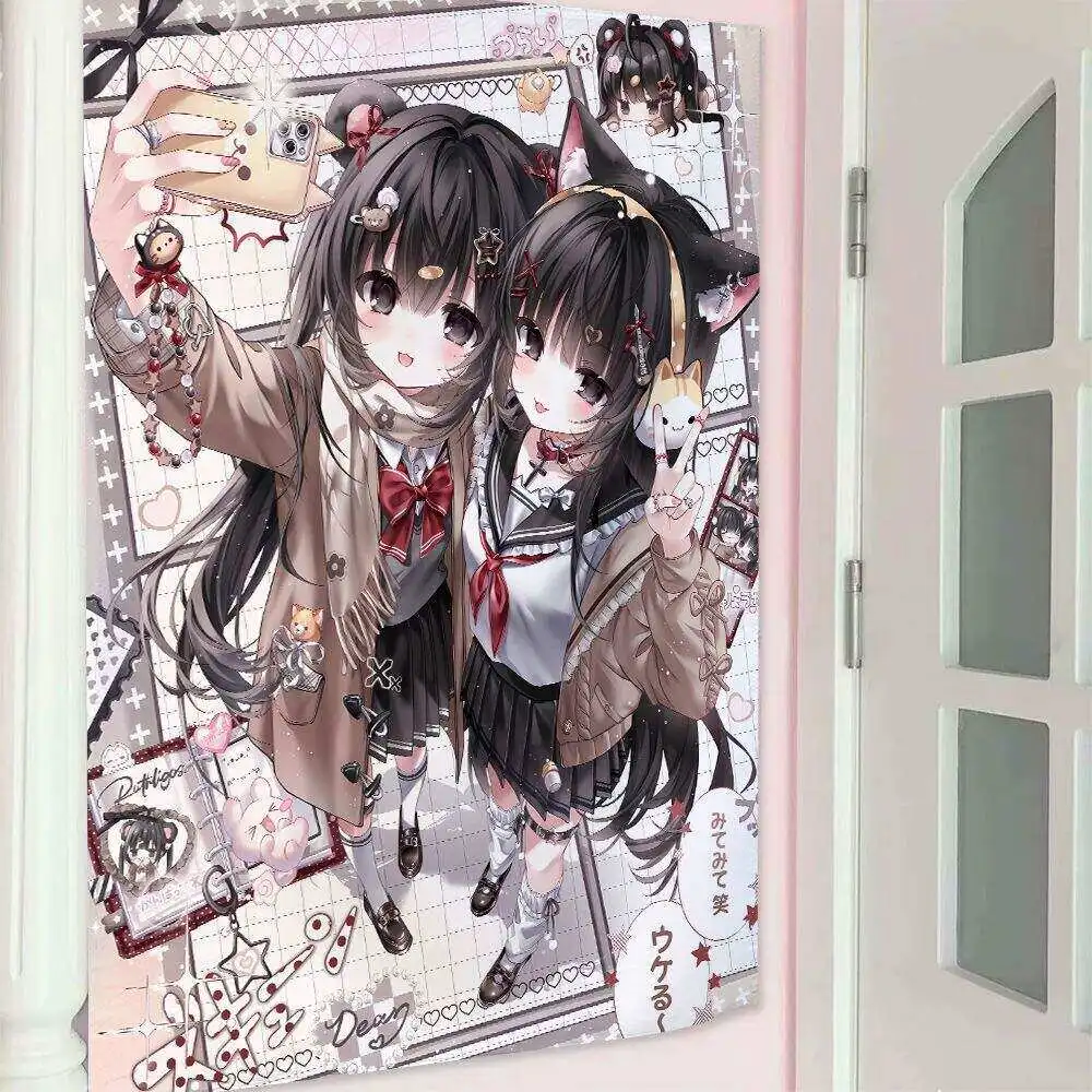 VIKAMA Kawaii Anime JK School Girl Tapestry Black Hair Cat Ear Wall Hanging for Bedroom