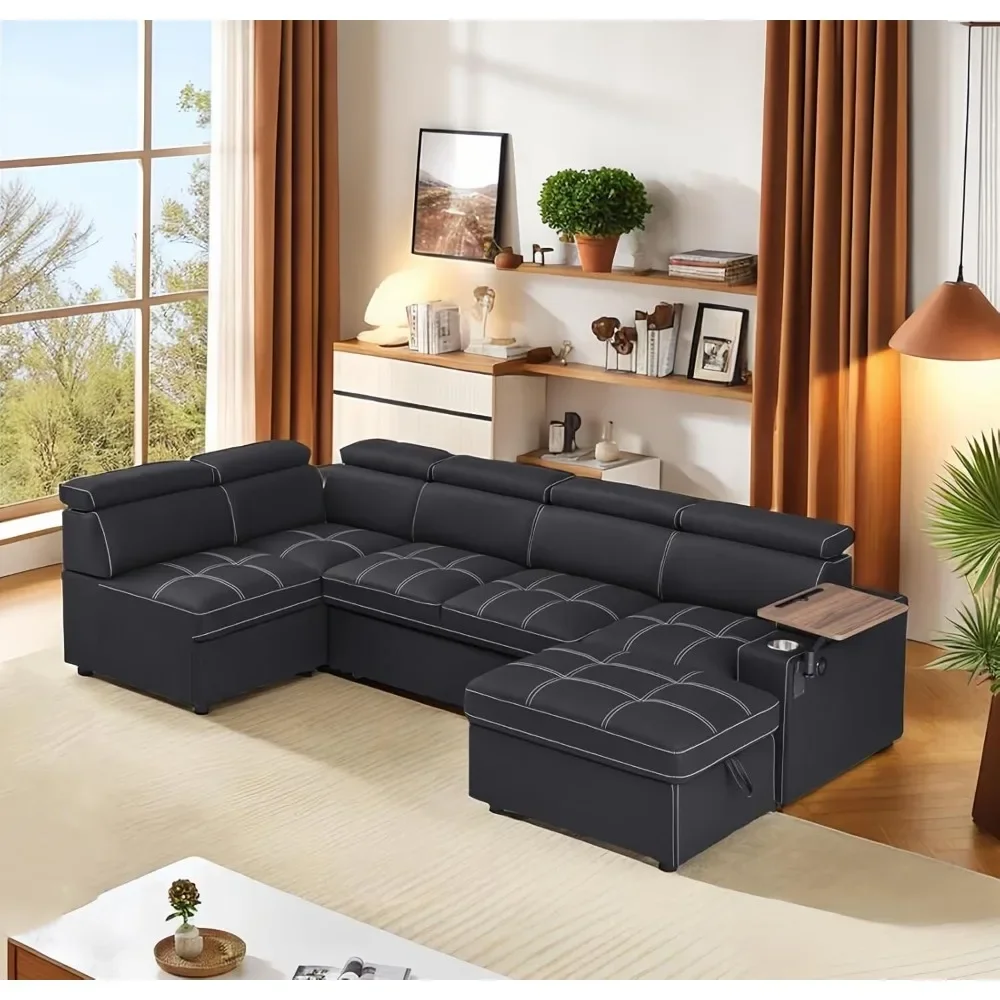 

113 Inch Ultra-fine Fiber Segmented Sleeper Sofa with Pull-Out Bed, Recliner and Storage Ottoman Style Sofa.