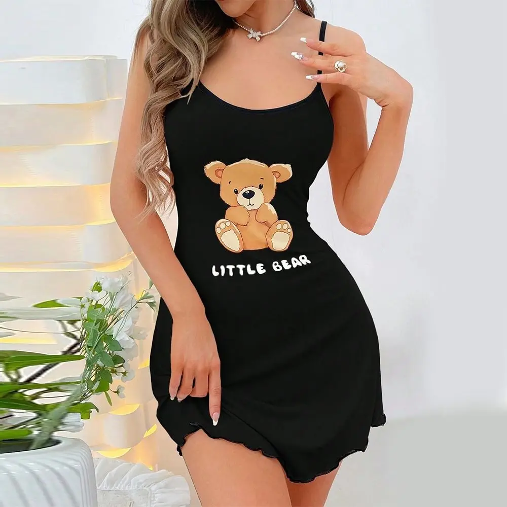 New Comfortable Suspenders Mini Dress Sexy Leisure Nightgowns Littler Bear Printed Women Sleepwear Summer