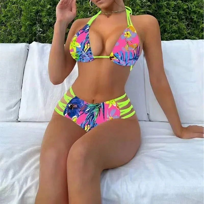 

Сексуальный принт с несколькими бретелями, женский купальник-бикини с разрезом, летний купальник для бассейна, пляжа, модный купальник с подвесным вырезом