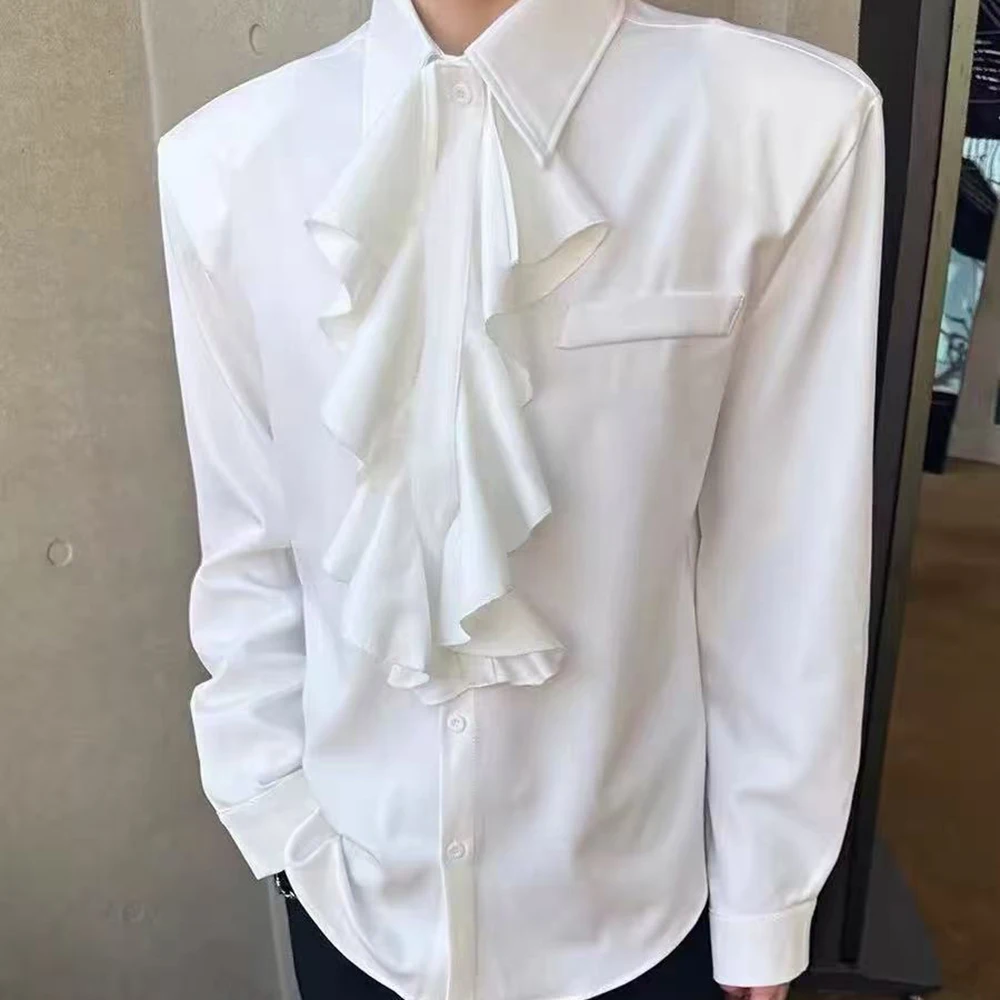 Men Ruffled Collar Vintage Shirt Autumn Streetwear Fashion Retro Elegant Top City Boy Lightweight Breath Long Sleeve Shirt 2026