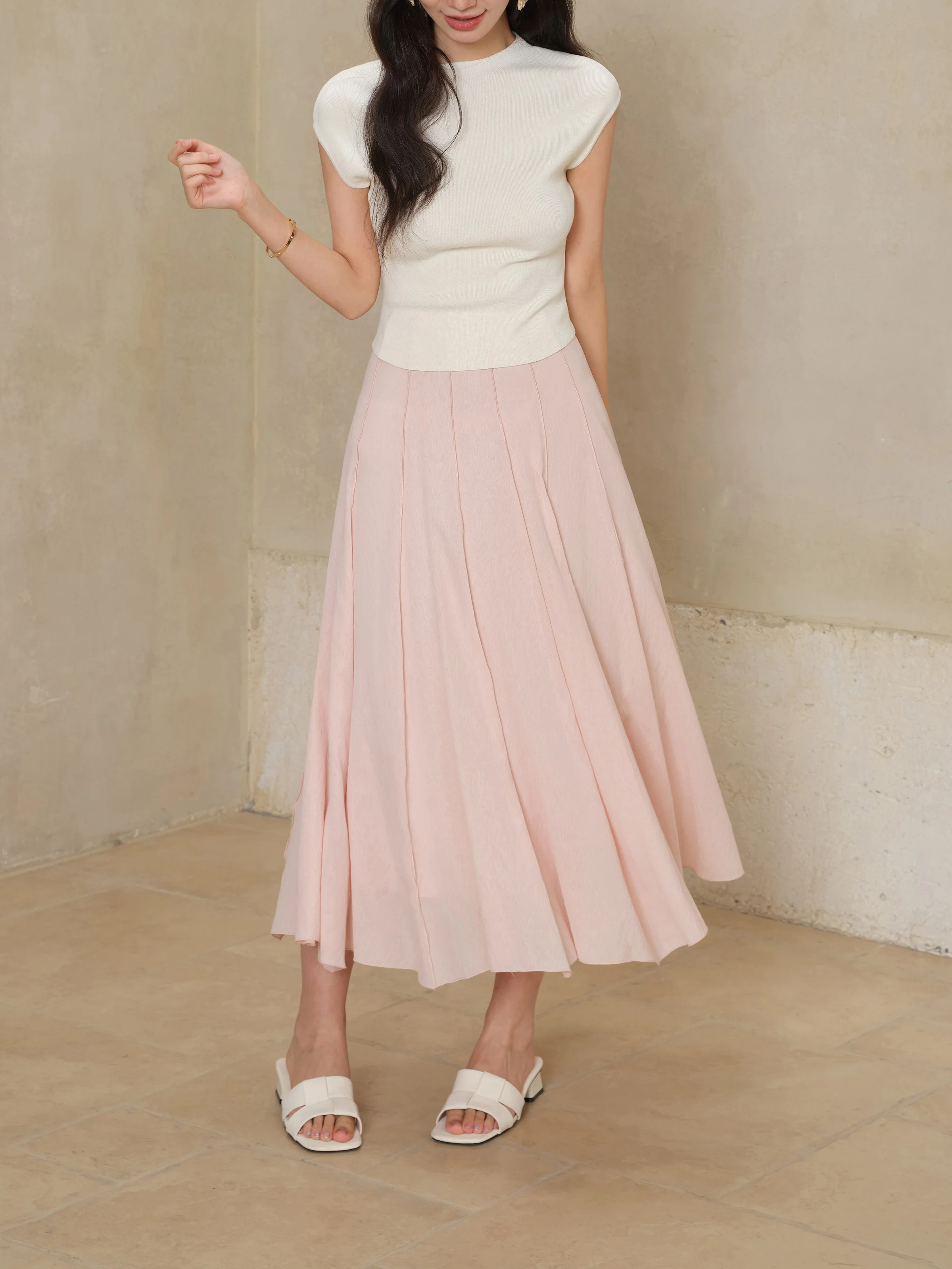 High Waist Pleated A-Line Midi Skirt Women Flowy Panel Summer Skirt Slim Fit Hip-Covering Casual Elegant Skirt Pear Body Shape