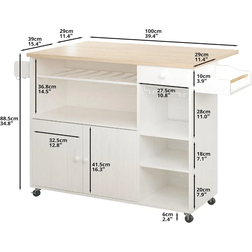 Rolling Kitchen Island Cart with Drop-Leaf and Wine Rack, Microwave Rack Serving Cart on Wheels with Drawer
