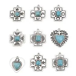 Bohemian Metal Charms Antique Silver Color Cross Heart Green Blue Stone Pendants DIY Necklace Bracelets Women Jewelry Gift,10PCs