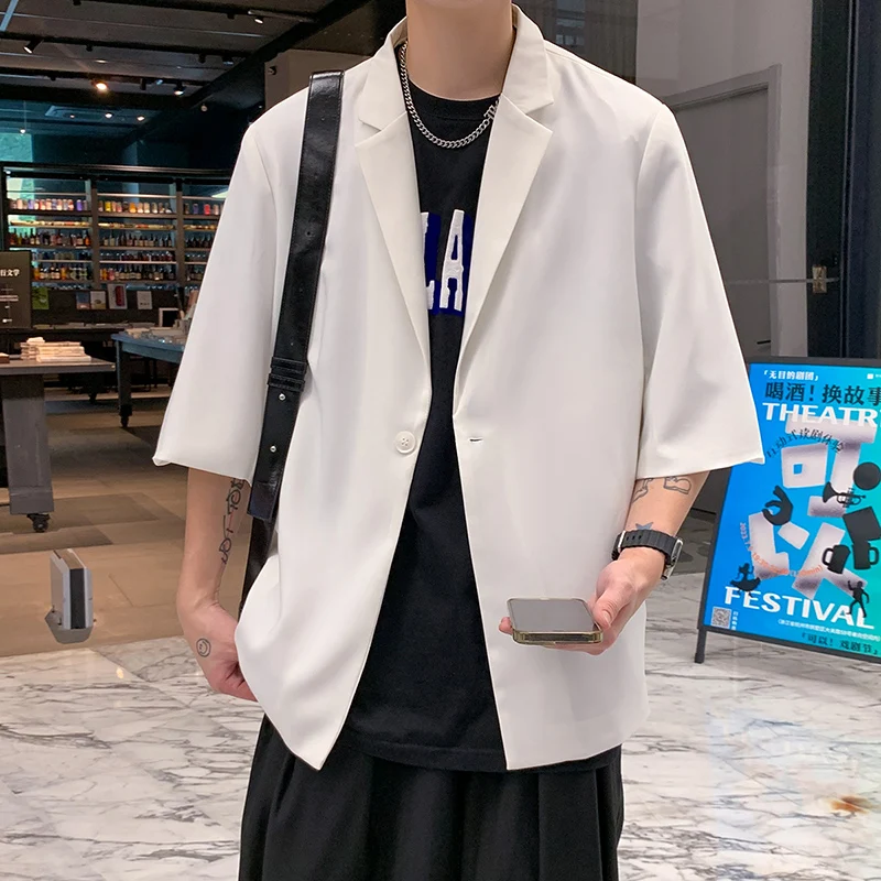 Summer Men\'s Short Sleeve Casual Blazer Jacket Black White Thin Oversize Suit Coat Male Solid One Button Loose Outerwear Clothes