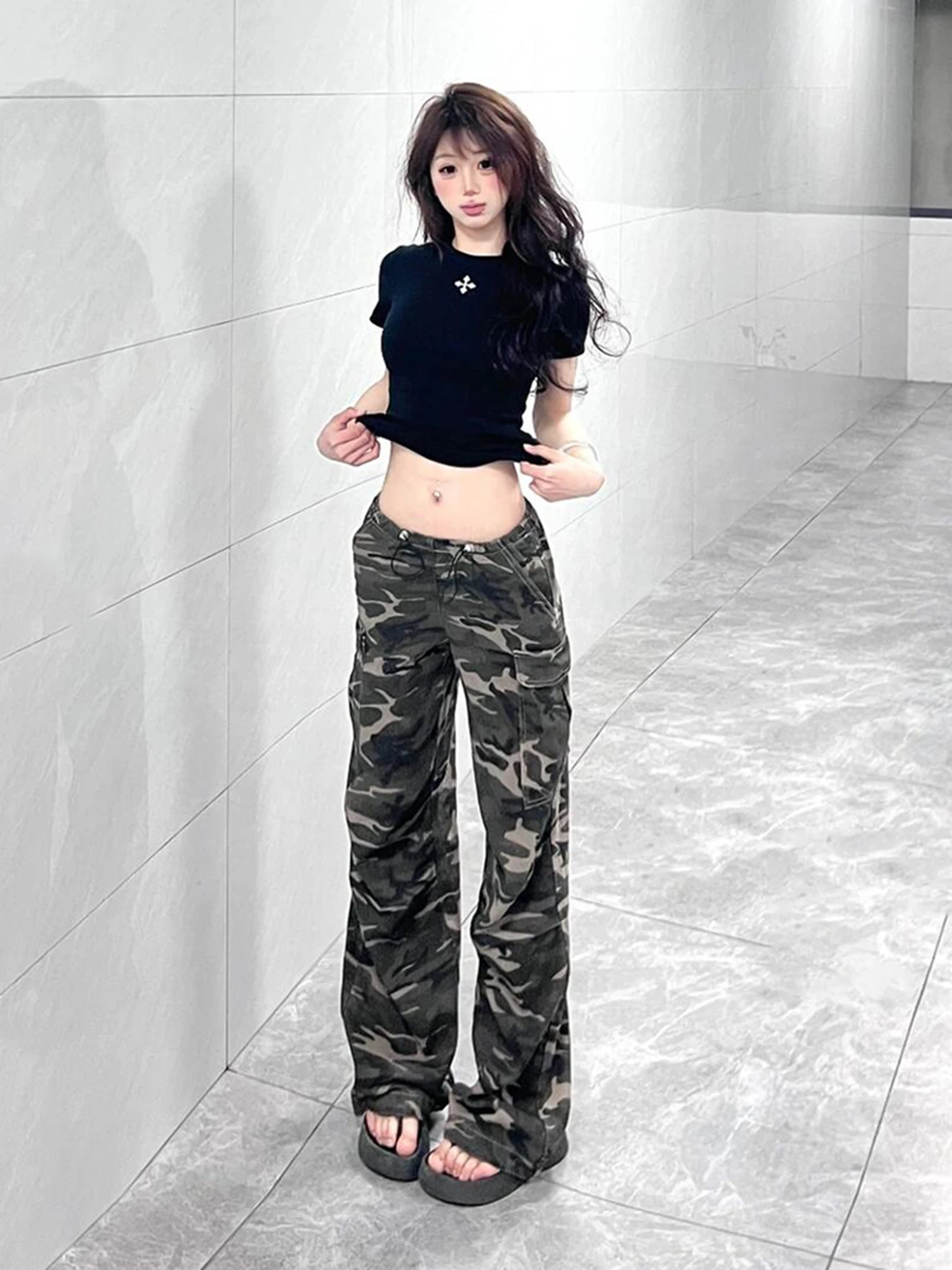 

American Style Retro Camouflage Workwear Jeans High Waist Slimming Floor-Length Trousers for Women Autumn New Arrival