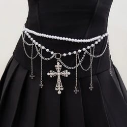Lacteo Gothic Imitation Pearl Cross Tassel Charm Belly Waist Chain for Women Beaded Beach Bikini Body Chain Sexy Jewelry Party