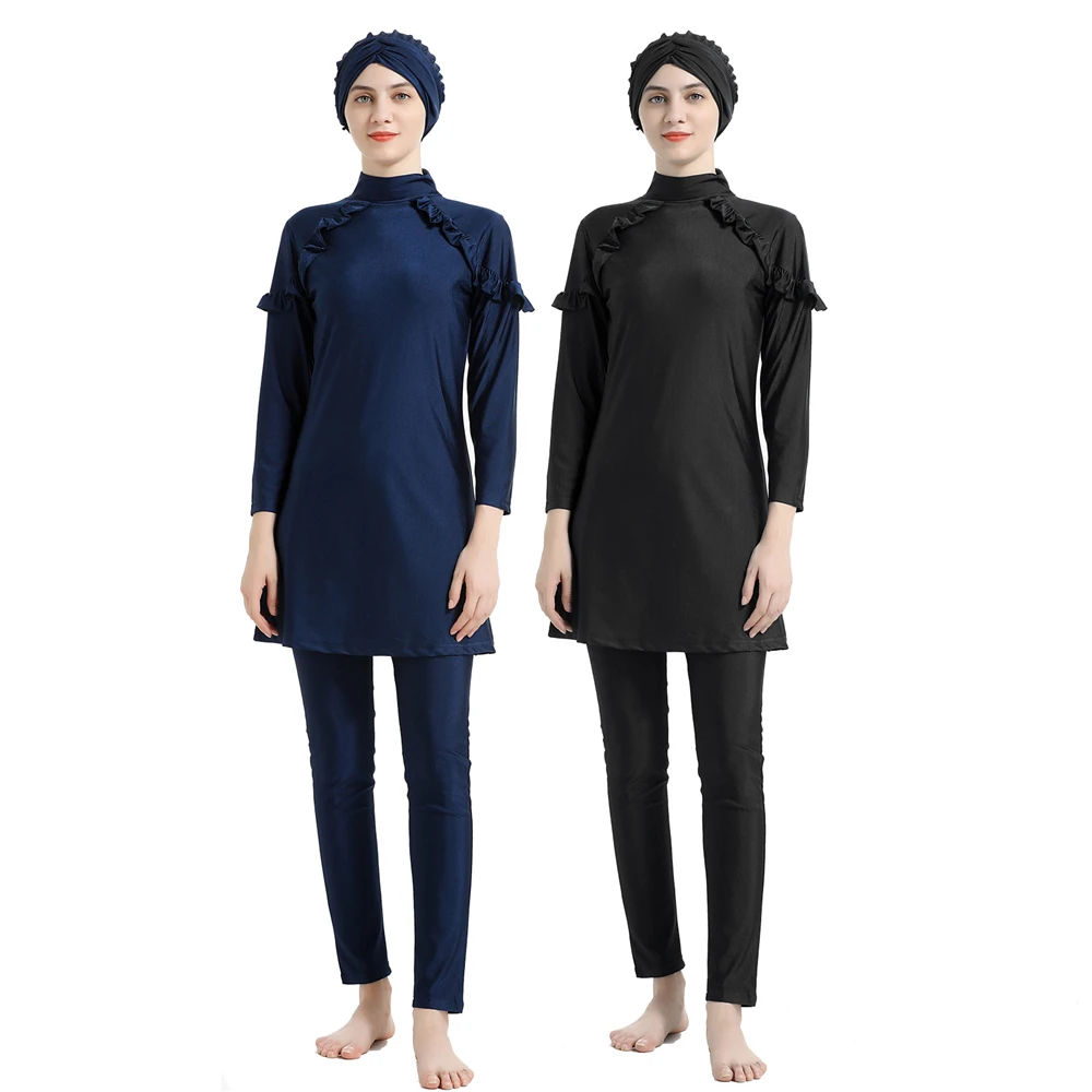 

Plus Size Modest Swimsuit Women Muslim Conservative Burkini Sunscreen 3 Pieces Set Swimwear Hijab Tops Pants Bathing Swim Suit