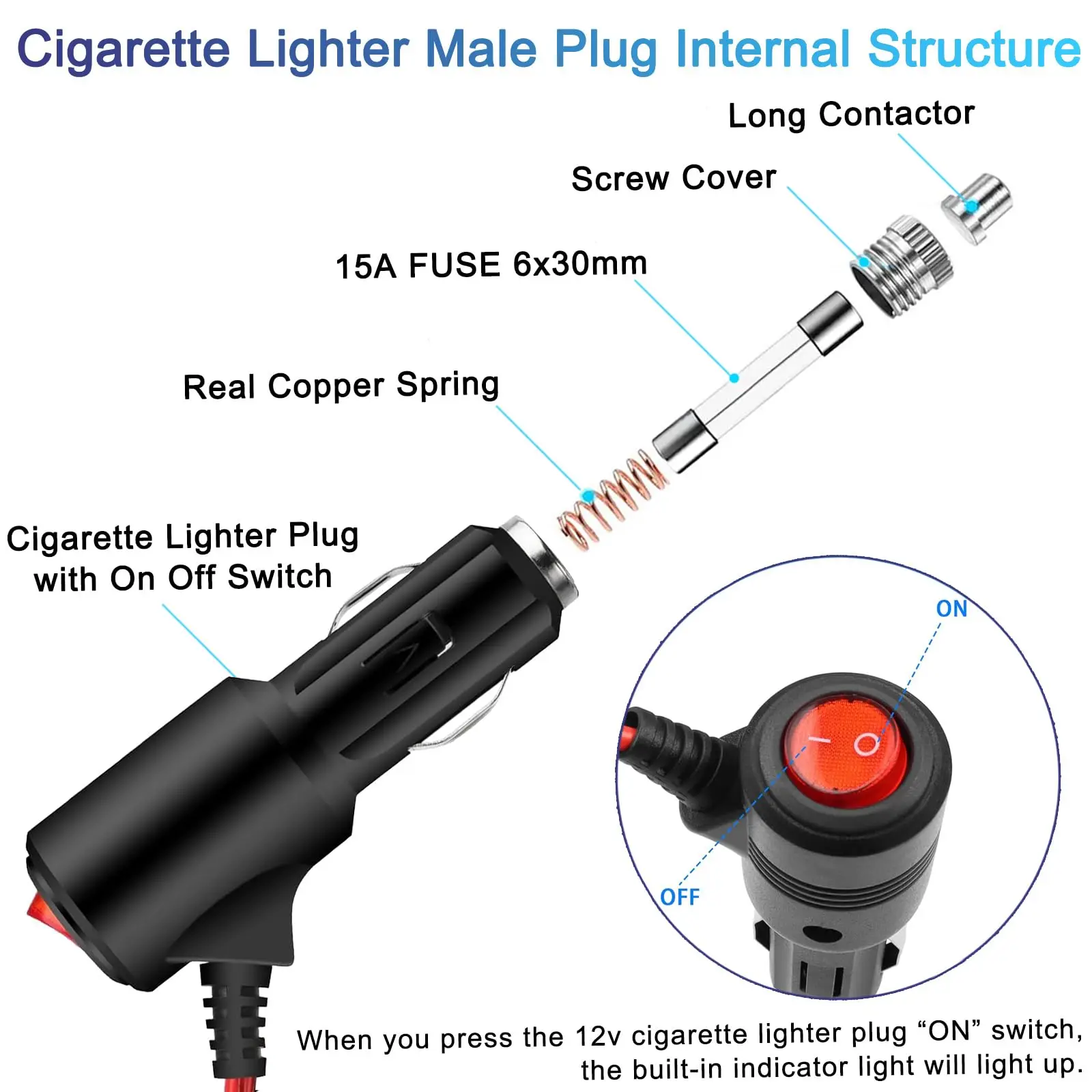 car cigarette lighter adapter with on off switch 12/24V Copper Lighter Socket Plug Connector Extension Wire Male Car  Cigarette Cable w/ On-Off Switch for Automobile Refit DC