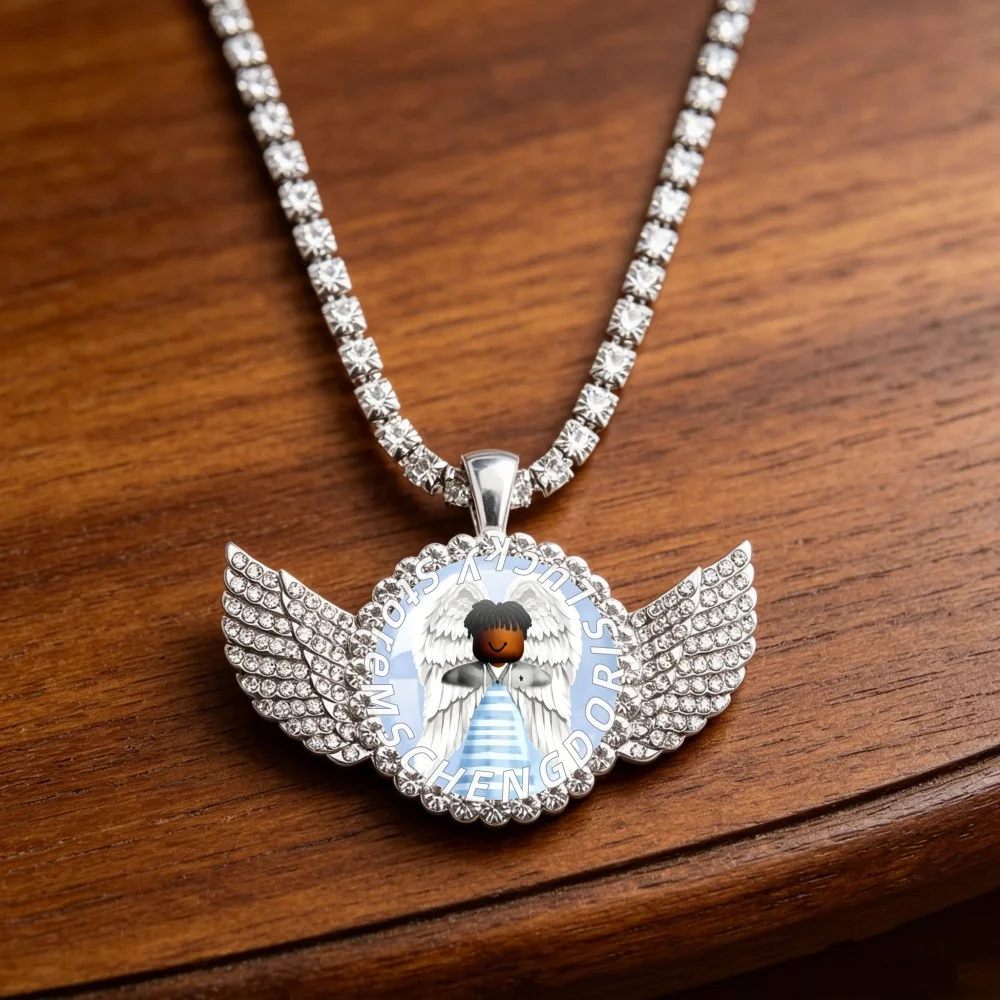 Cartoon CharacterT-Tayvion C-Cole Creative Funny MeMe Angel Wing Glass Cabochon 25MM Pendant Necklace Gift MS019