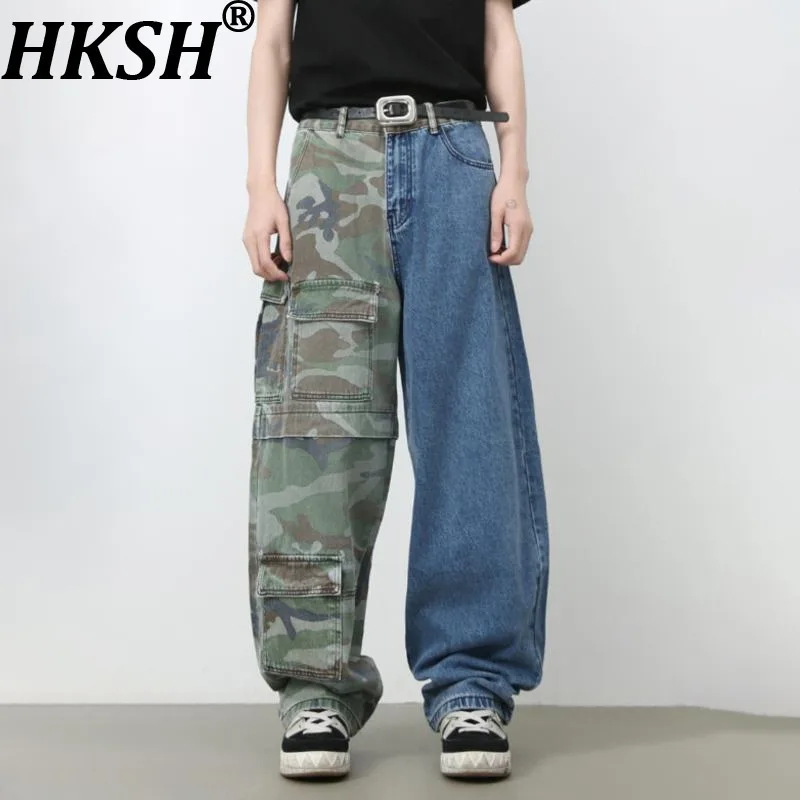 

HKSH Spring Autumn New Men Tide Ins Jeans Patchwork Pockets Safari Straight High Street Casual Chic Fashion Denim Pants HK11114