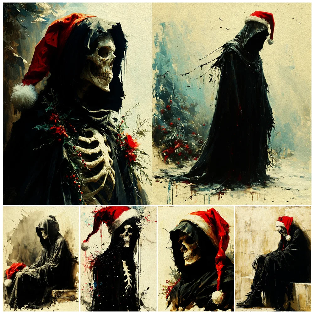 

Grim Reaper Wearing A Christmas Hat,Gothic Wall Art Canvas Painting,Creepy Festive Skeleton Abstract Art Poster Print Home Decor