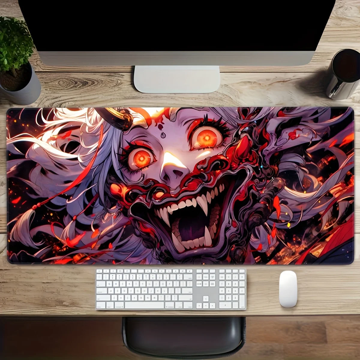 Dark Oni Demon Gaming Mouse Pad, Large Non-Slip Desk Mat with Fiery Red Eyes & Japanese Horror Aesthetic for Gamers