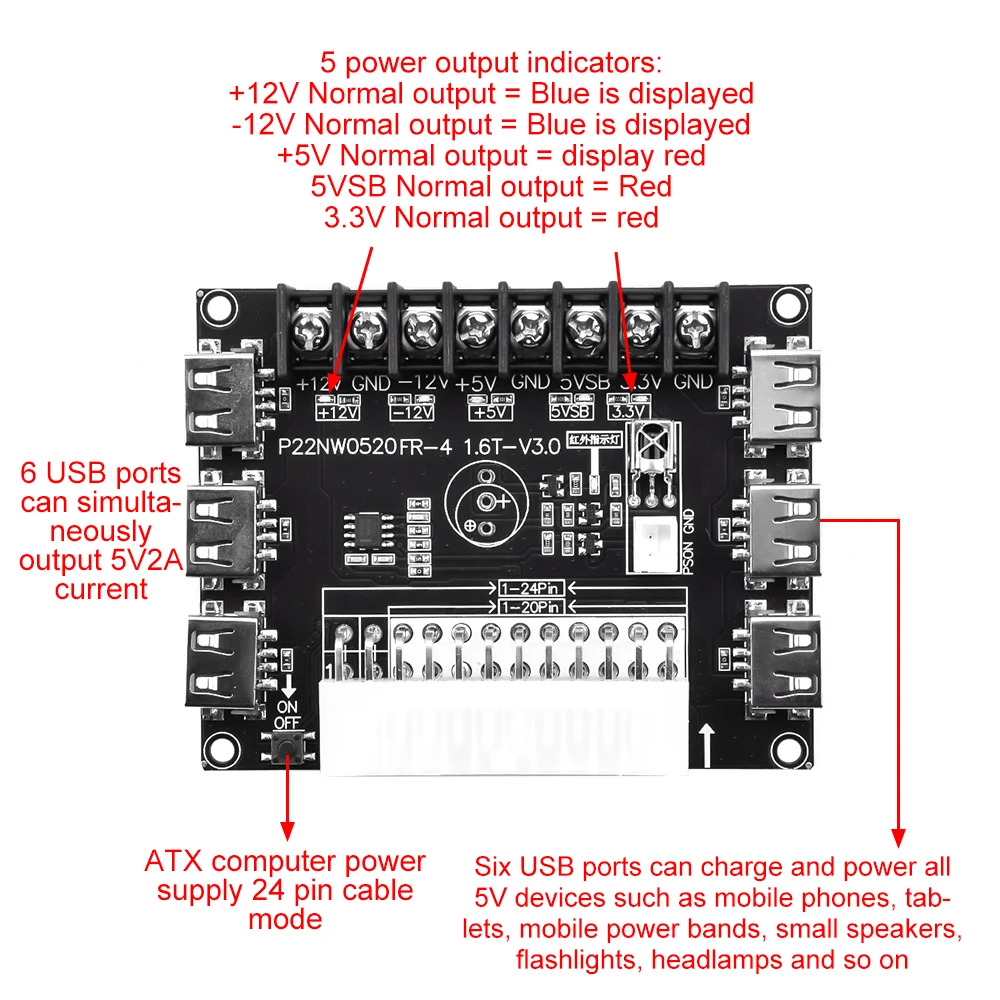 24-Pin-ATX-Netzteil-Breakout-Board und Acrylgehäuse-Kit, Moduladapter, Stromanschluss, unterstützt 3,3 V/5 V/12 V, 1,8 V–10,8 V (einstellbar) – Detail 8