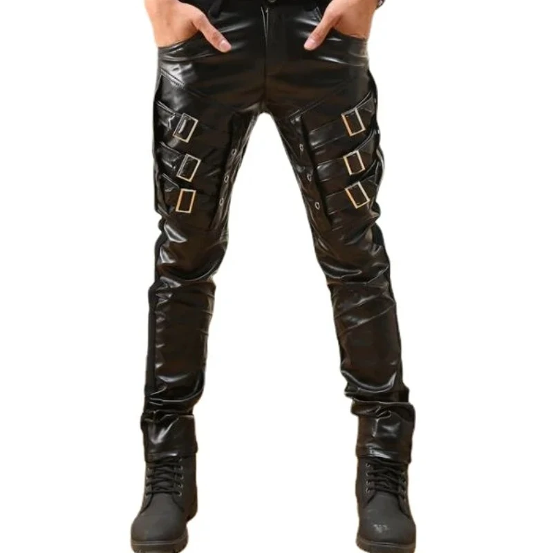 Men's Skinny Pu Faux Leather Motorcycle Biker Pants Men Rock Punk Hip Hop Faux Leather Motocycle Pants