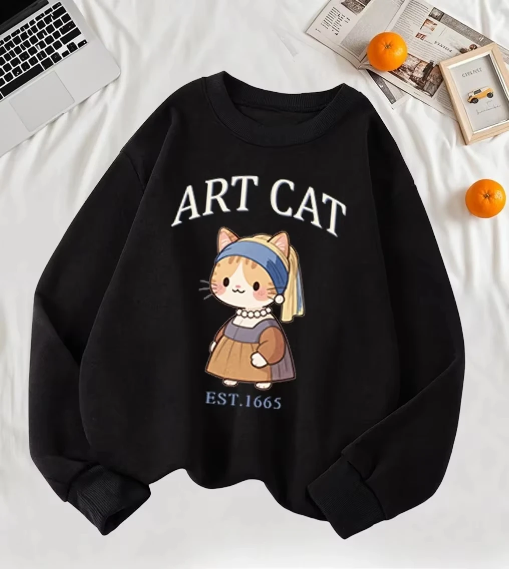 

2025 Girl with A Pearl Earring Art Cat Cartoon Print Womens Sweatshirt Soft Casual Pullover Clothes Autumn Winter Streetwear