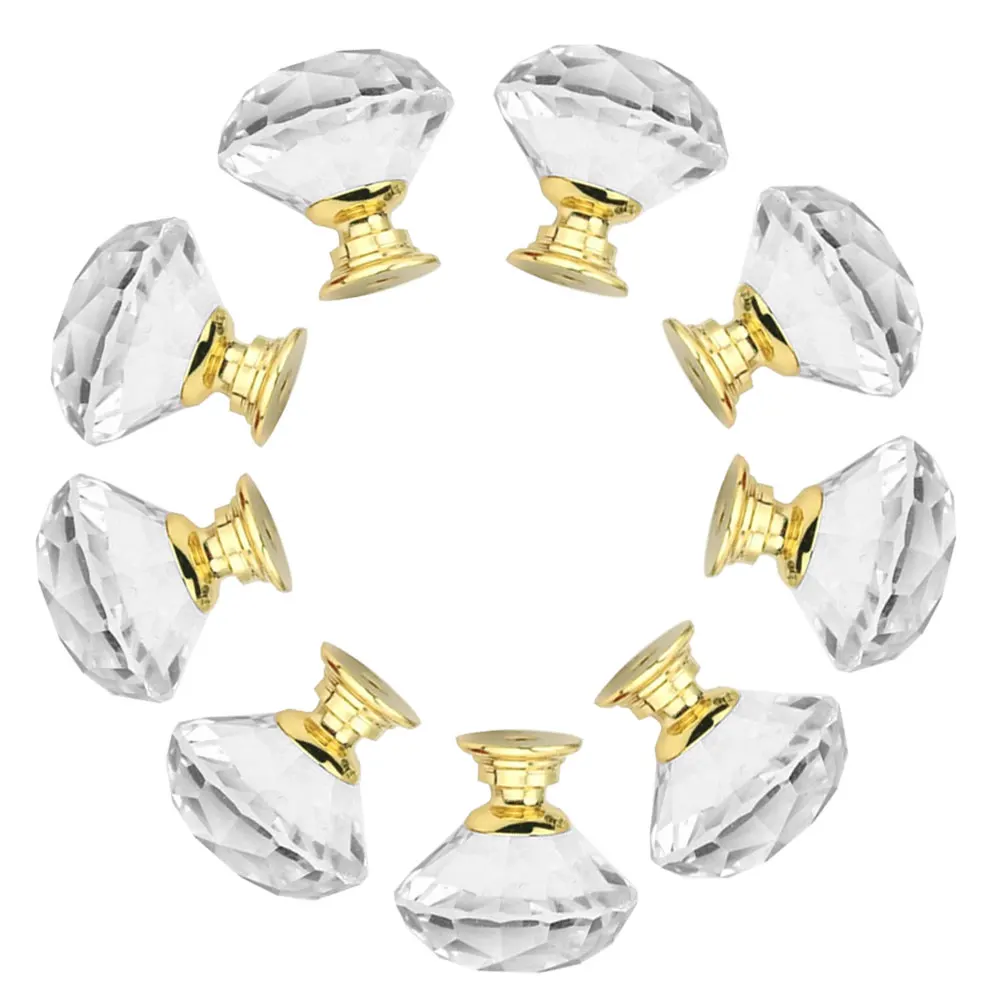 Gold Glass Cabinet Knobs Crystal Drawer Pulls Clear 30 mm Diamond for Kitchen, Bathroom Cabinet, Dresser and Cupboard 10 pcs