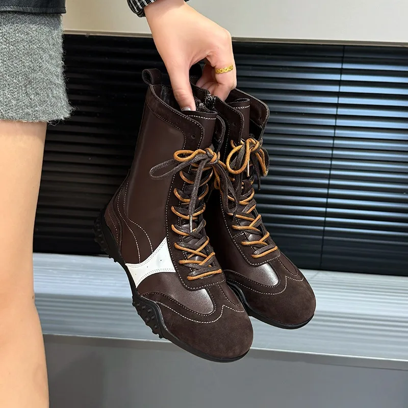 おしゃれなソフトレザーのミッドカーフボクシングブーツ、女性向け、今季のホットセール、ニューレトロスタイル、身長アップ、PU裏地付きフラットブーツ