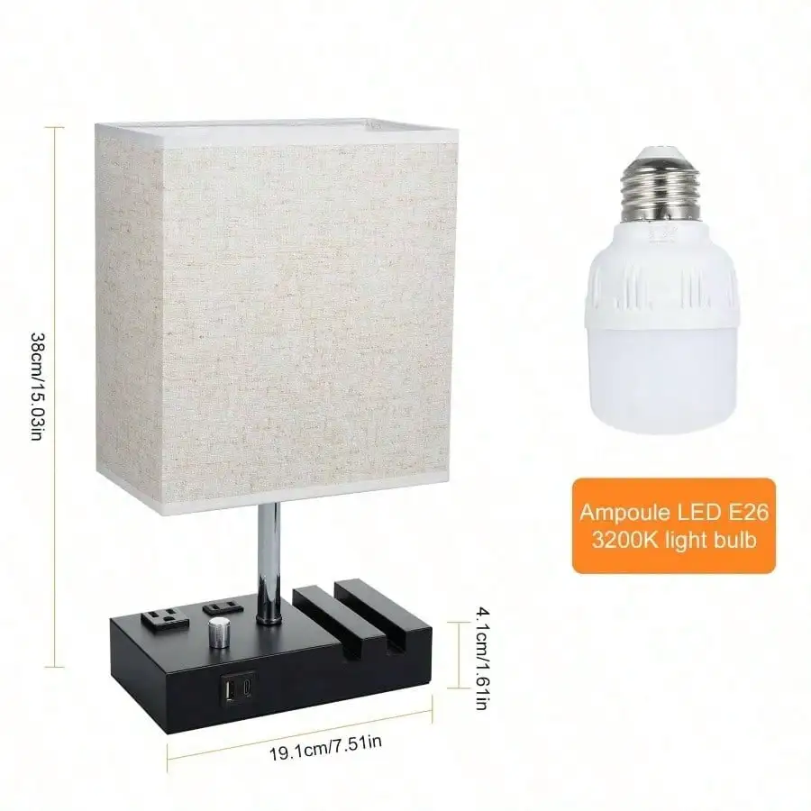 USB 포트 2개와 AC 콘센트 2개가 있는 침대 옆 탁상 램프, 패브릭 갓이 있는 완전 조광 가능한 나이트스탠드 램프, 침실용 휴대폰 거치대 2개