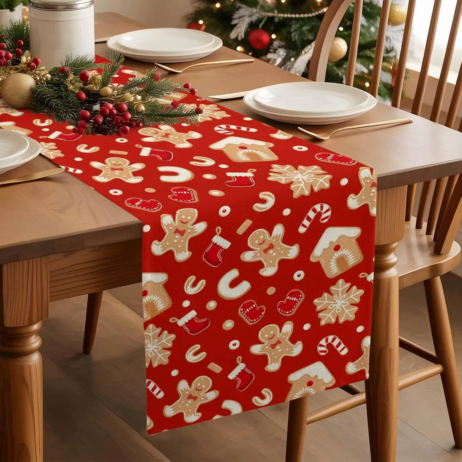 Christmas Gingerbread Man Candy Red Linen Table Runner Party Decor Winter Xmas Kitchen Dining Table Runner Christmas Decorations