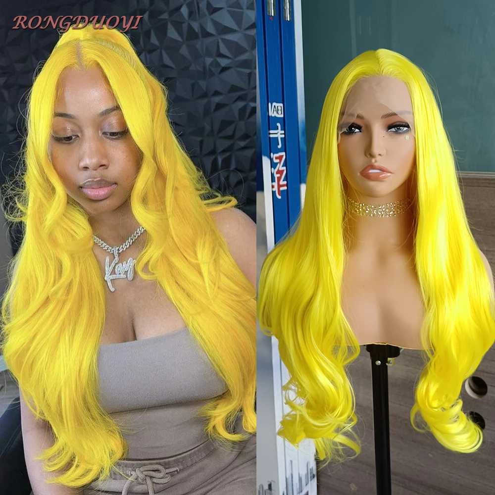 

RONGDUOYI Yellow Long Wave Wig Synthetic Lace Front Wig For Women Natural Hairline Middle Part Lace Heat Resistang Fiber