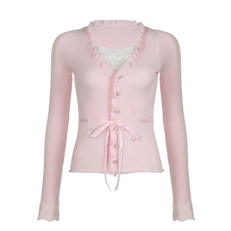 Rapcopter Lace Pink Sweaters Button Tie Up Frill Cute Sweet Women Pullovers Autumn Winter Harajuku Patchwork Jumpers Knitwear