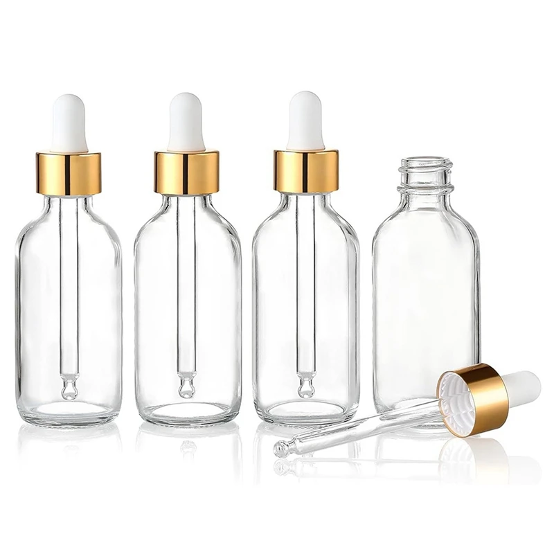 Leak Proof Travel Dropper Bottles 4 Pack With Golden Caps, Clear Glass For Essential Oils 1Oz (30Ml) Easy To Use 10.1X3.3Cm