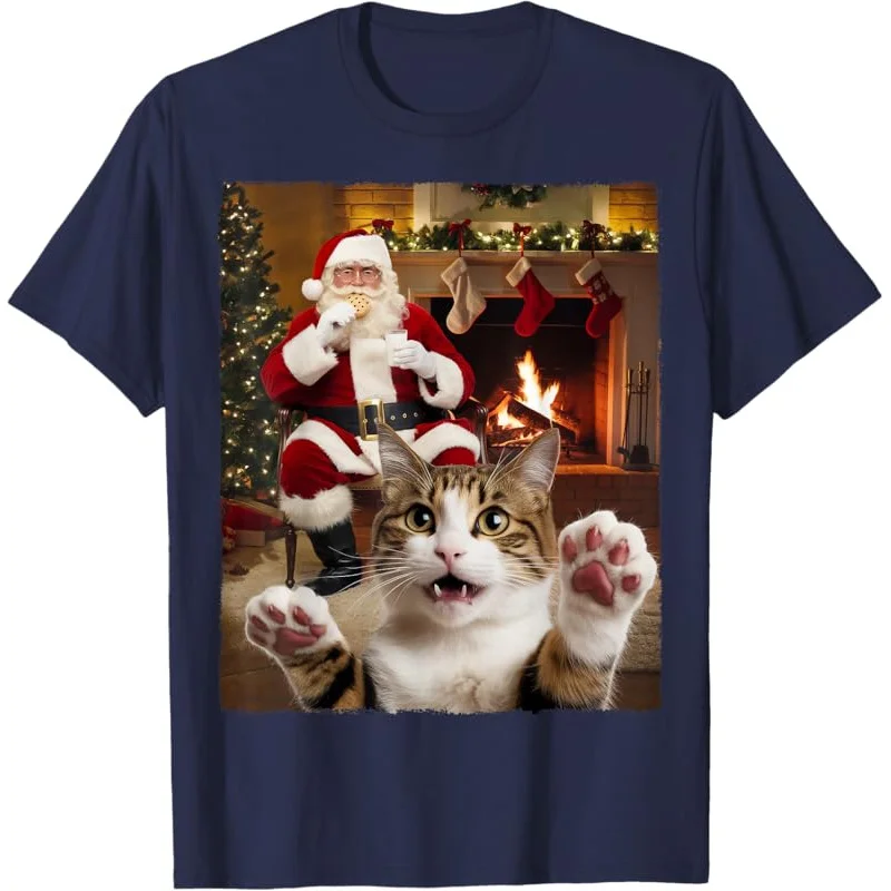 Christmas Cat Selfie with Santa Claus Gifts For Men Women Funny T-Shirt