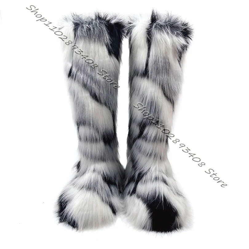 

Mixed Fur Warm Combat Boots Women Winter Platform Round Toe Slip on Boots Design for Women Big Size Shoes Zapatos Para Mujere