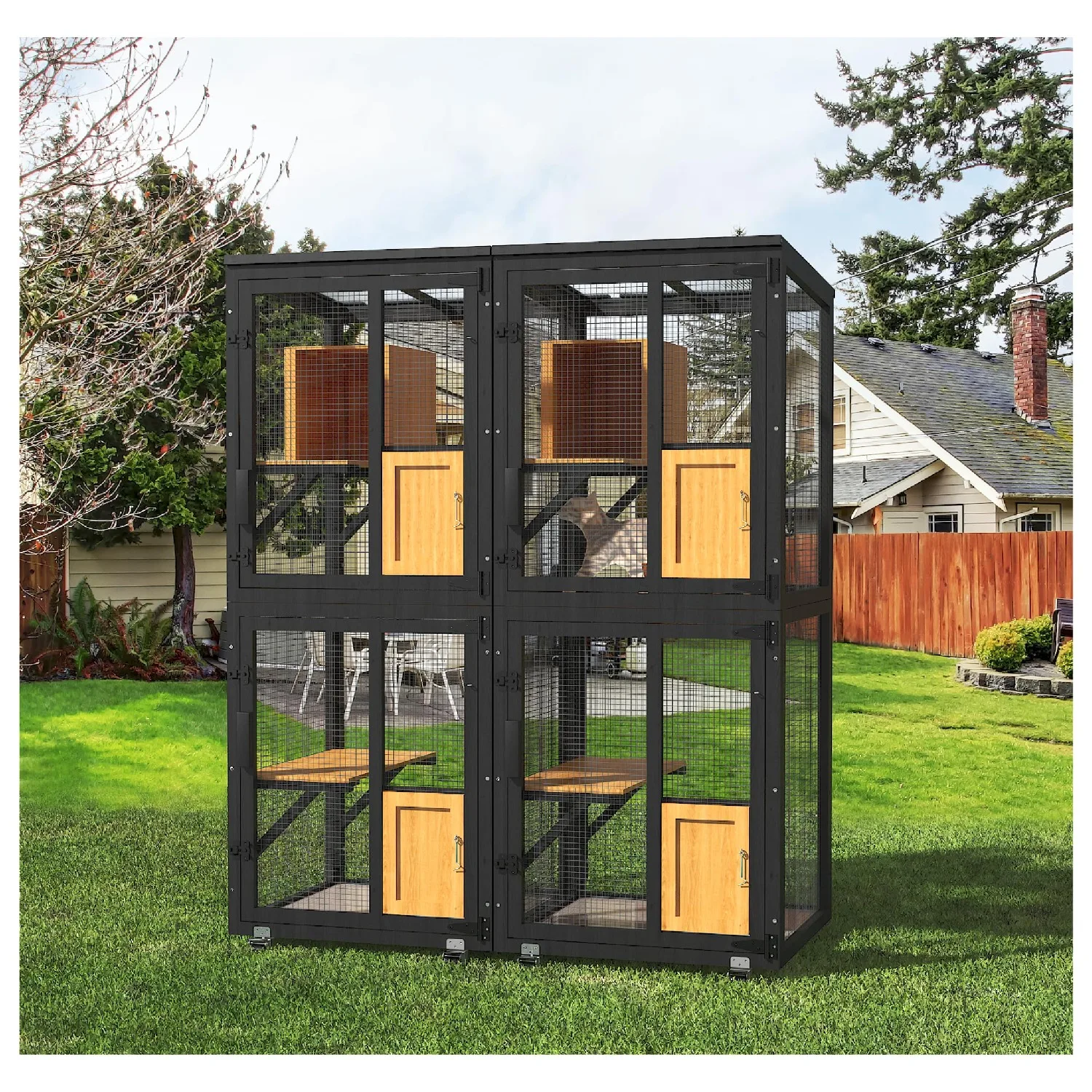 2 in 1 Catio Outdoor Cat Enclosure with Wheels for Indoor Outdoor, Black | 4 Tier Outdoor Cats House, Cat Enclosure