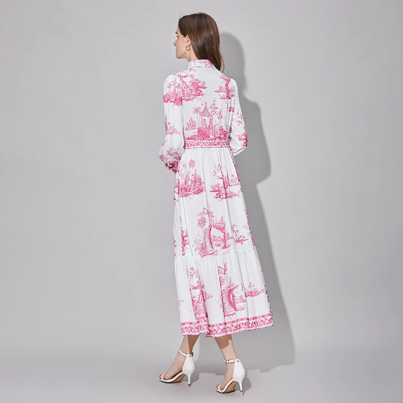 Ele Vintage Print Long Sve Dr Slimming Godd Sle Faion da donna Nuovo arrivo Cotone Dolce Estate Midi Dr