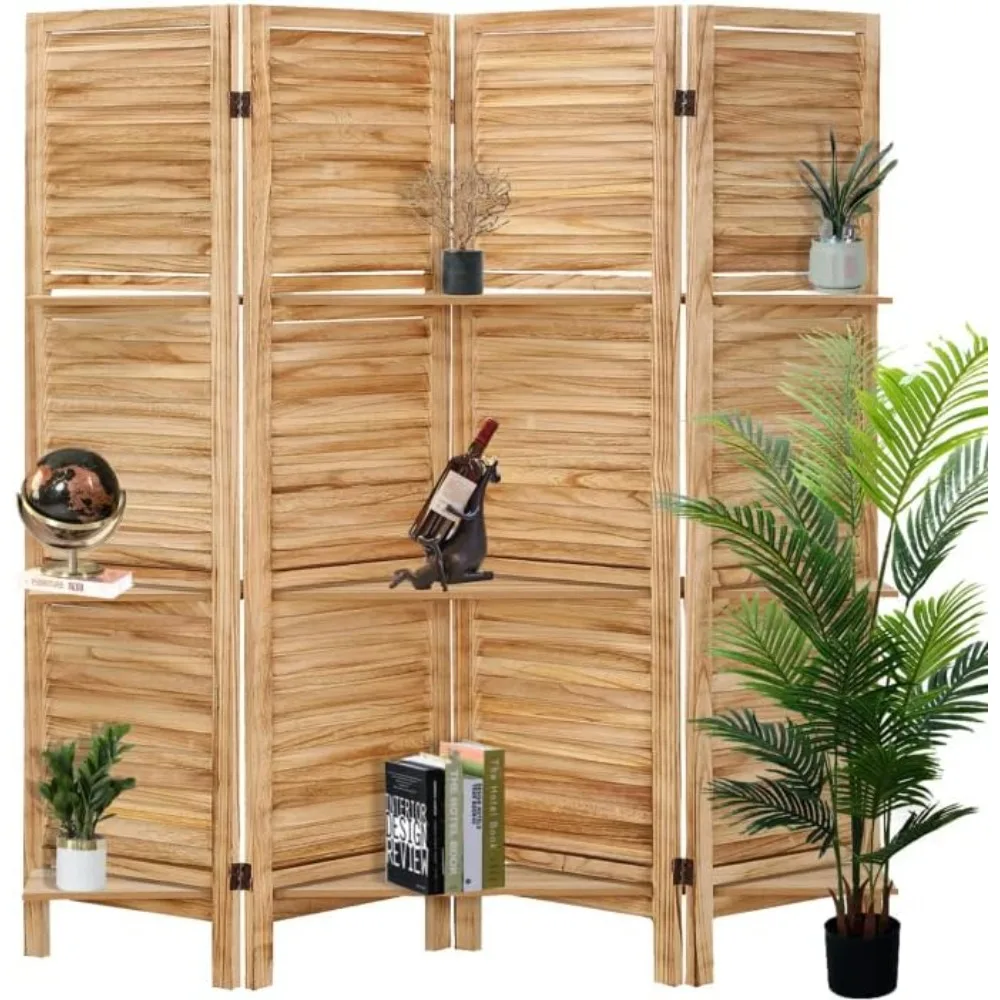 4 Panel Wood Room Divider Screen with Shelves - Freestanding Partition with Display Shelves