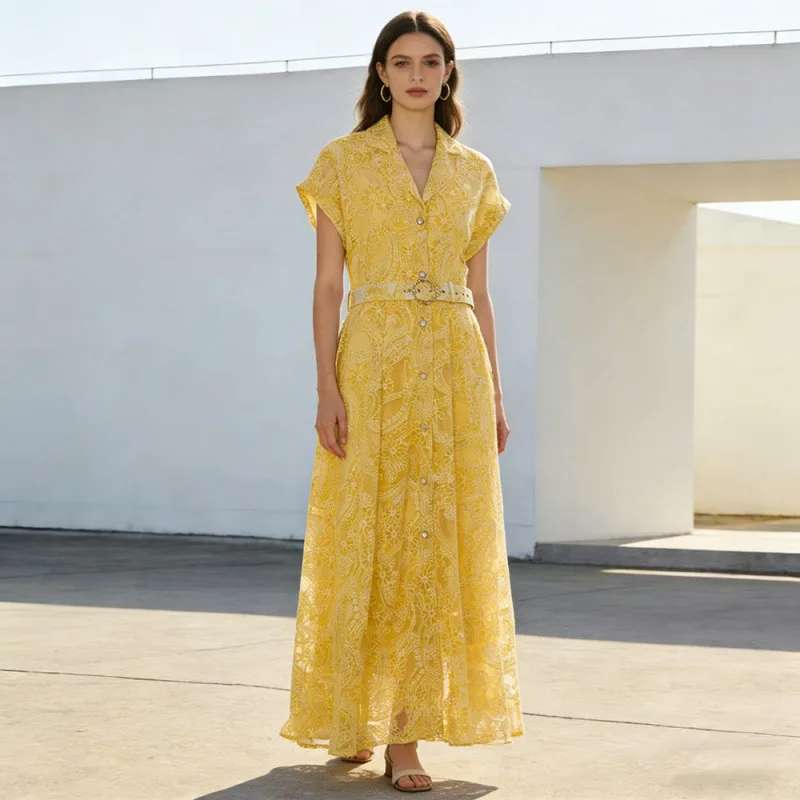 Ele Kant Geborduurde Bloemen Pak Kraag Dr Knop Taille Cinched Lange Dr Nieuwe Vakantie Sle Hoge Taille Zijde Materiaal