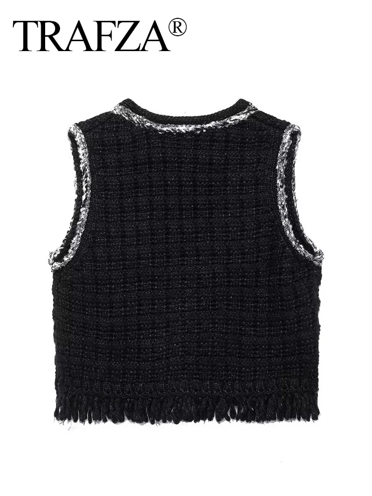 TRAFZA Autumn Women Fashion Vest Sleeveless Knitting V-Neck Loose Short Tank Tops Female Streetwear Rough Edge Waistcoat Top