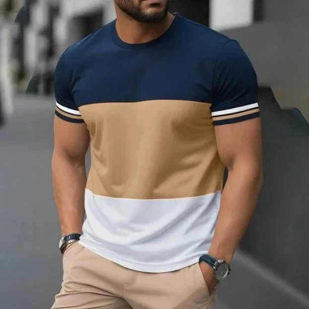 Fashion Men's Color Block Striped Printed T-Shirt Patchwork Crew Neck Short Sleeve Summer Casual Tees Trend Street Tops