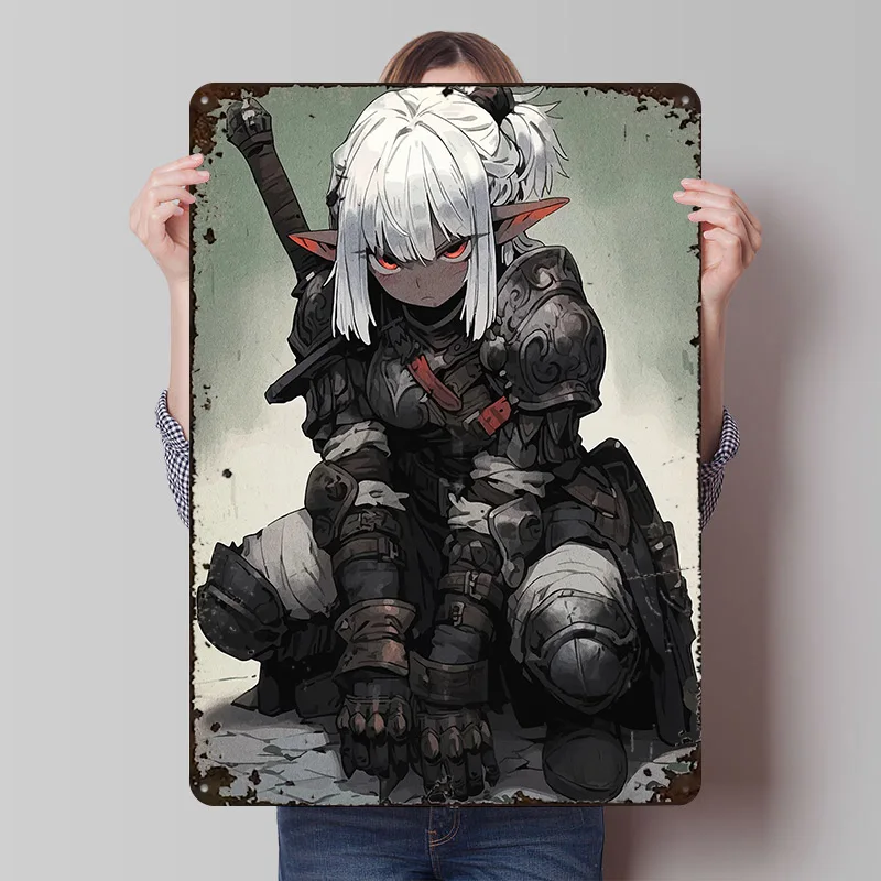 Anime Elf Warrior in Armor Tinplate Poster Customized Wall Art Vintage Metal Signs Retro Tin Plaque for Home Decorations House