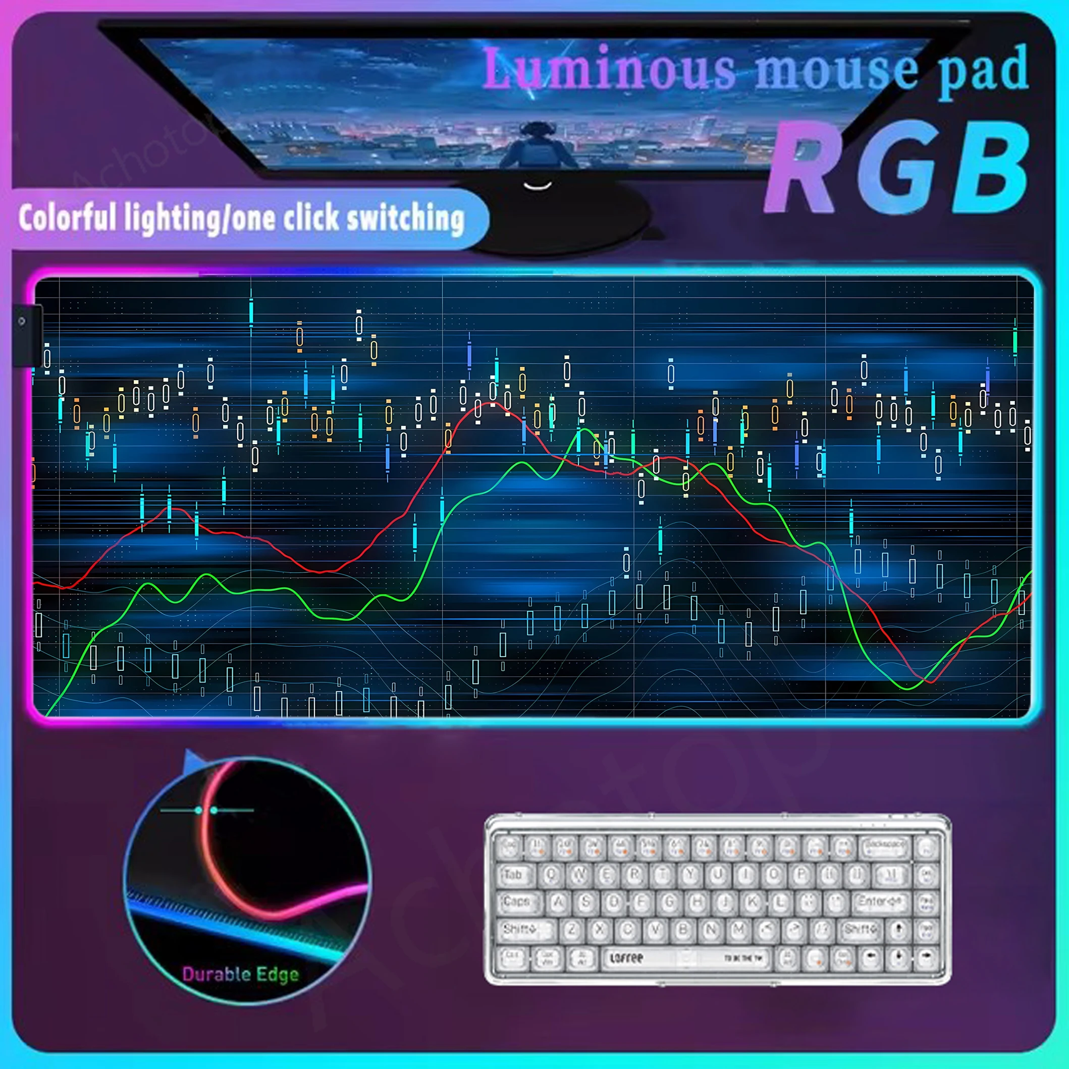 Gráfico de mercado de ações padrão rgb mouse pad tapete de jogo com tapete led acessórios de jogos brilho personalidade mousepad tapete de mesa luminoso