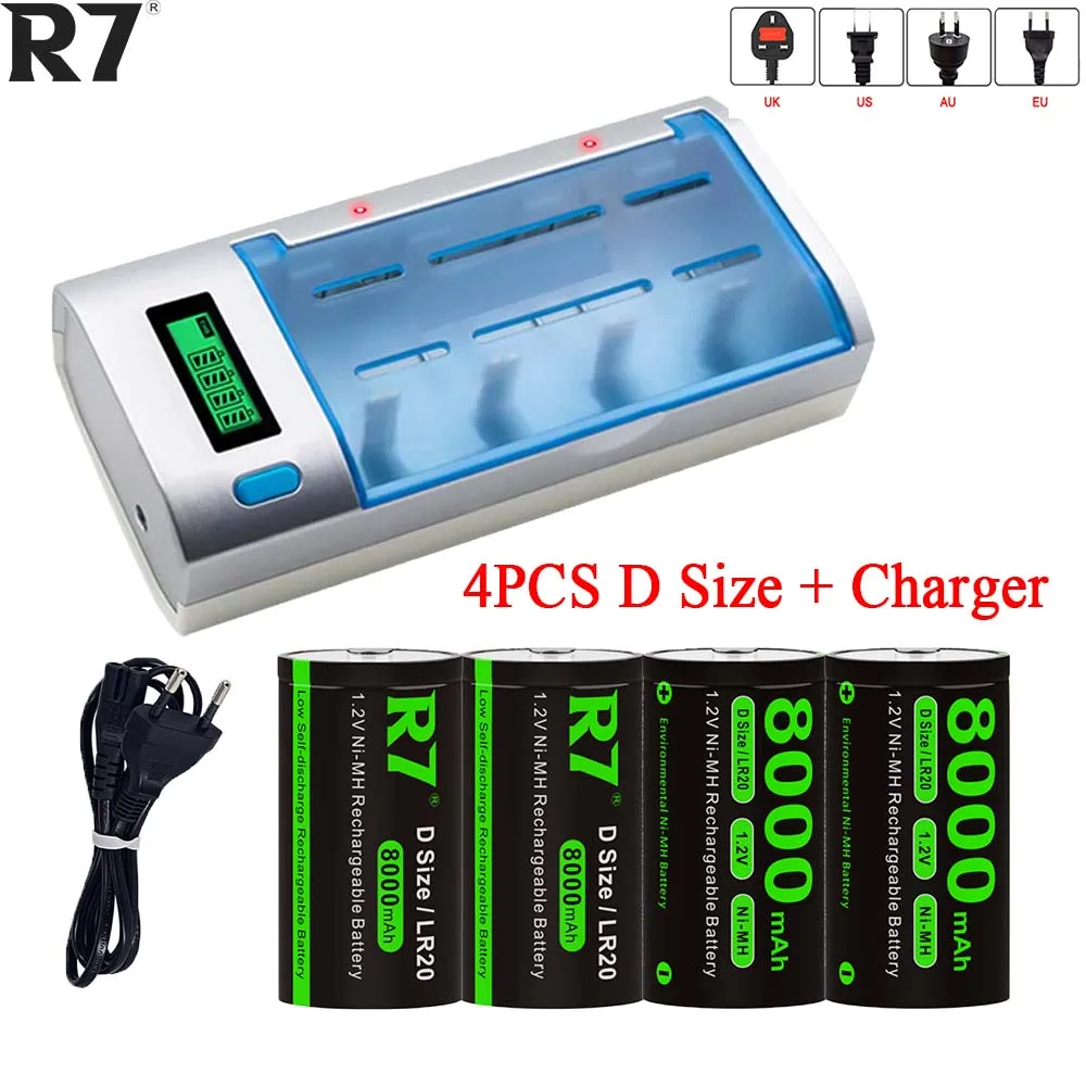 R7 D size rechargeable battery 8000mAh Type D battery R20 1.2V NI-MH rechargeable D batteries LR20 battery + LCD Charger