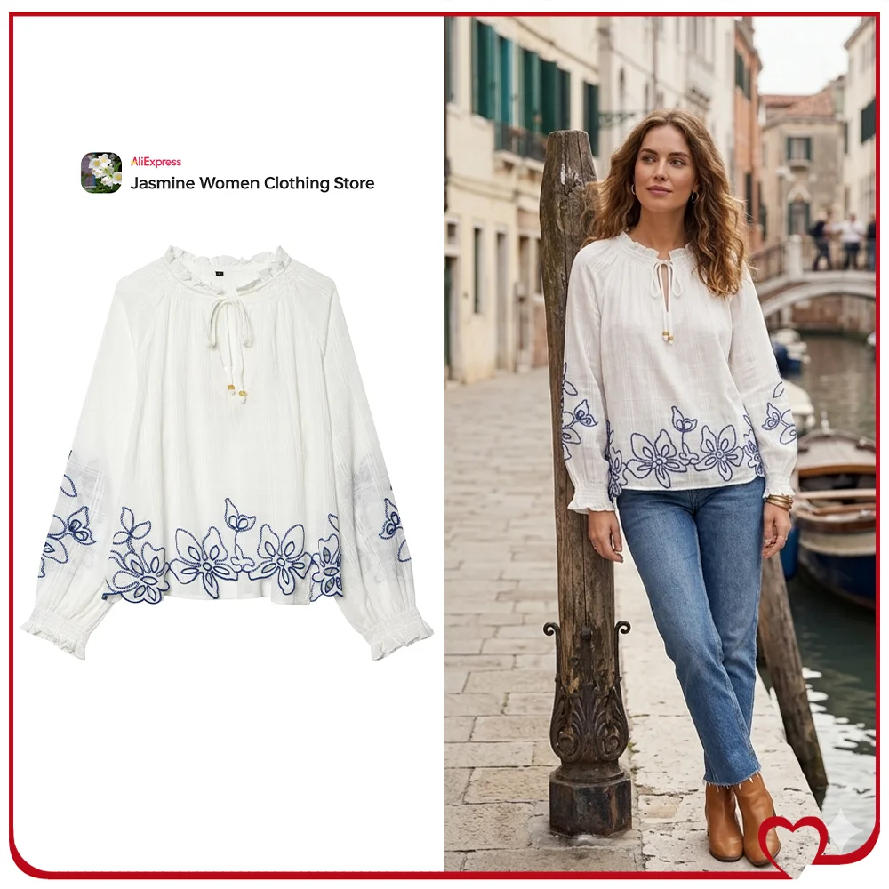 

Стильная женская весенняя блузка с длинными рукавами и вышитым подолом, элегантная шикарная блузка с цветочной вышивкой, рюшами и завязками из бисера