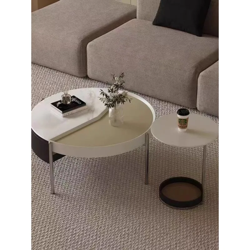 

Stainless steel saddle leather lifting coffee table circular combination living room household small unit Italian