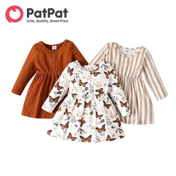 PatPat-vestidos para recién nacidos, ropa para bebés recién nacidos, vestido de fiesta de cumpleaños para niños, monos de manga larga a rayas acanaladas para niños