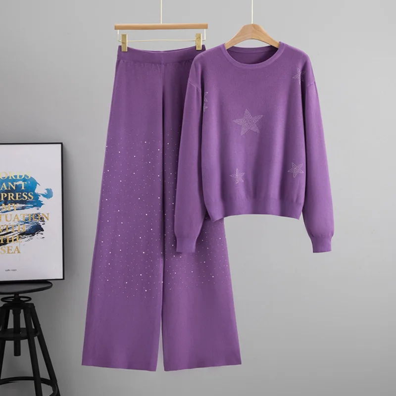 

Spring and Autumn New Korean Style Hot Diamond Loose Sweater Wide Leg Pants Knitted Elegant Women's Two Piece Set