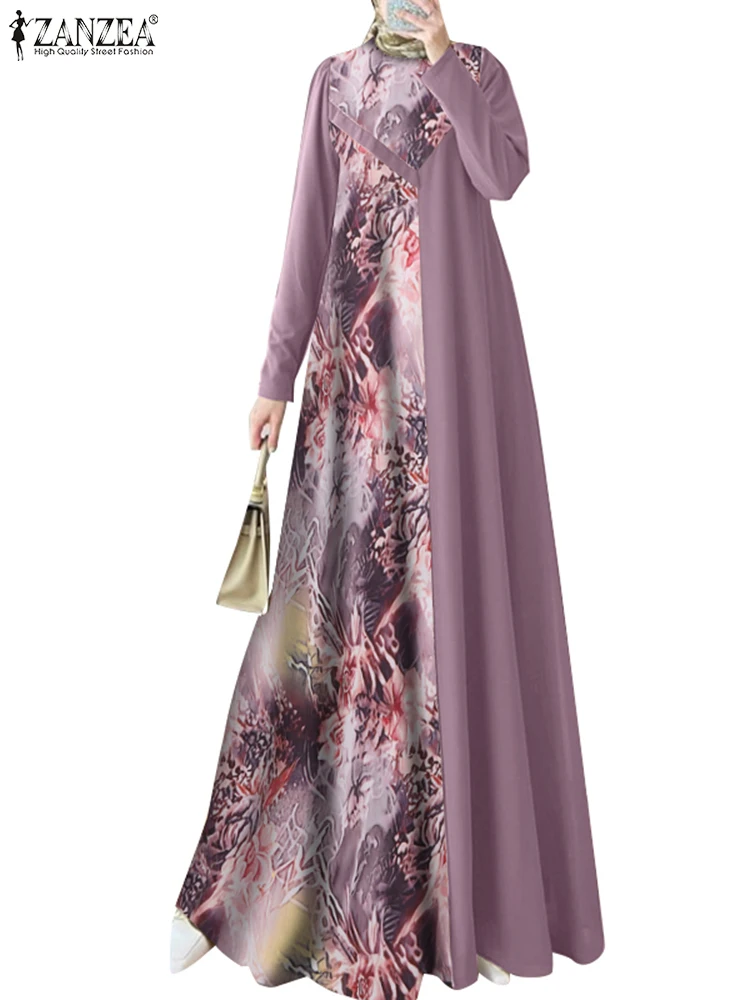 ZANZEA Women Muslim Fashion Floral Printed Patchwork Long Dresses Elegant Islamic Hijab O Neck Abaya Robes Long Sleeve Vestidos