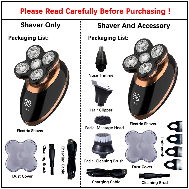 5 In 1 Electric Shaver For Men Bald Head Hair Clipper Nose Trimmer Floating 5 Blade Heads Shaving Beard Knife Rechargeable Razor
