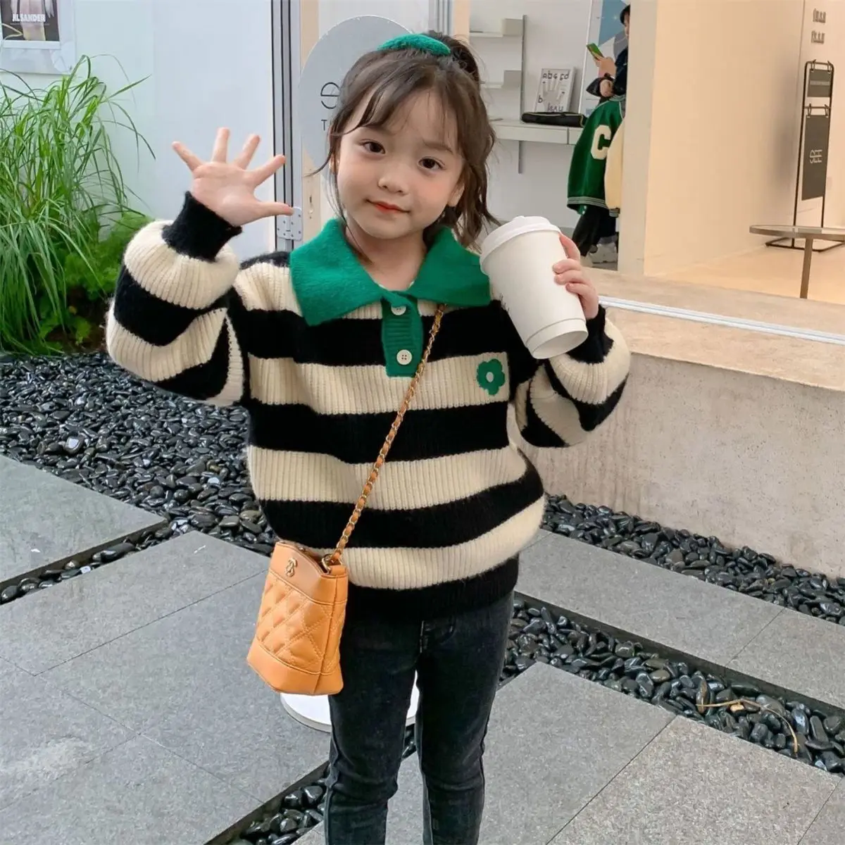 

Girls' Spring Sweater Knitwear Retro Children's Sweater Flip Collar Western Top Versatile Striped Children's Clothing